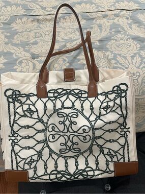 Tory Burch Cream Canvas Tote with Dark Green Rope Motif and Brown Leather Trim